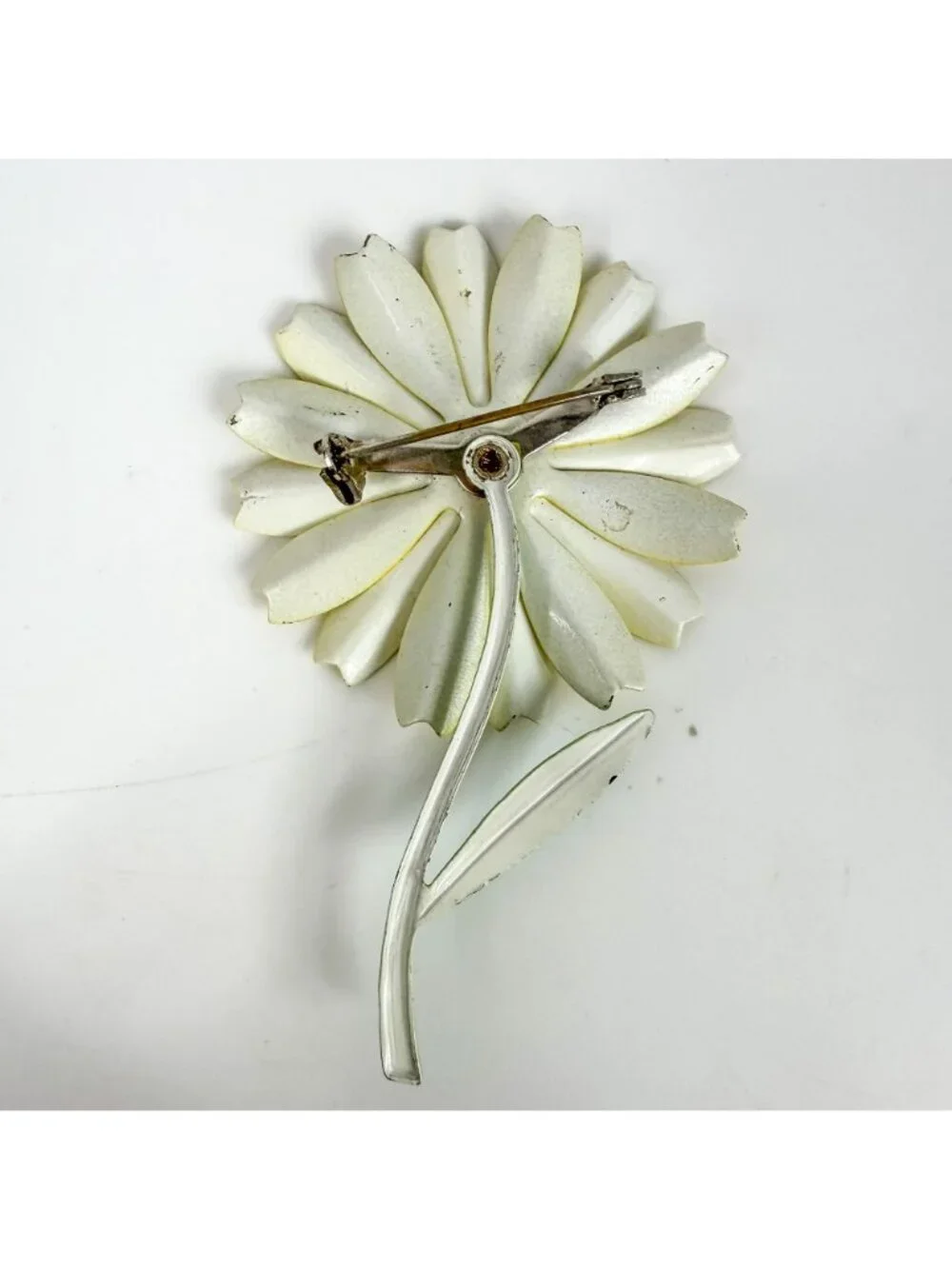 Vintage Enamel Metal Yellow Flower Power Rhinestone Center Brooch Long Stem
